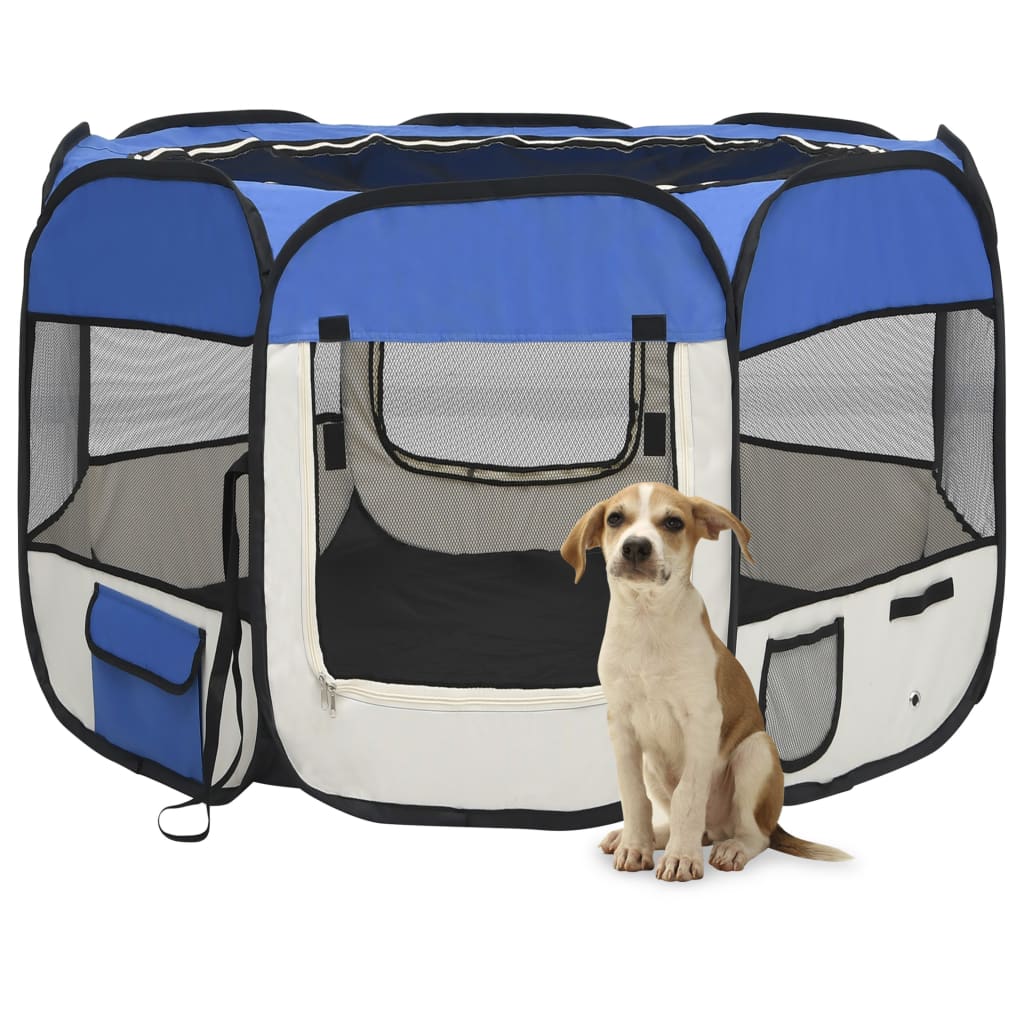 Parque Plegable para Perros con Bolsa de Transporte – Azul y Crema (90 × 90 × 58 cm)